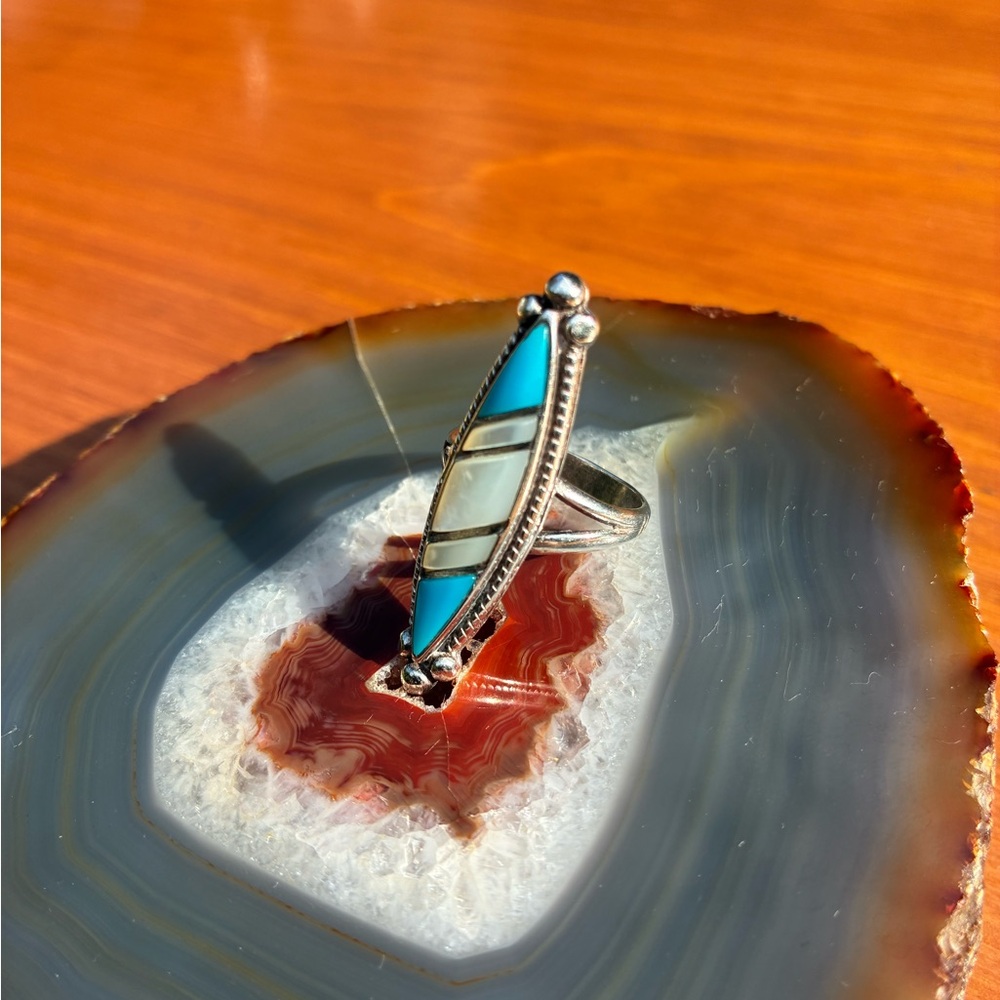 Striking Navajo Vintage Sterling Ring, Turquoise and Mother of Pearl Inlay, 6.5